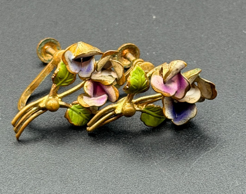 Vintage Made In Australia Enamel Floral Screw Back Earrings Hand Painted Gold
